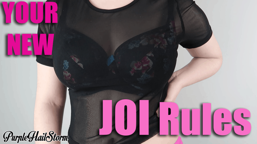 Sara in a black bra and mesh crop top with caption "YOUR NEW JOI RULES"
