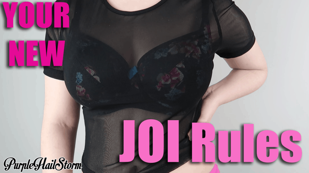 Sara in a black bra and mesh crop top with caption "YOUR NEW JOI RULES". Jerk off instruction vide.