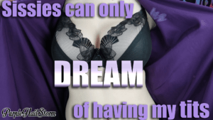 Sara in a black bra and purple robe with caption "Sissies can only dream of having my tits"