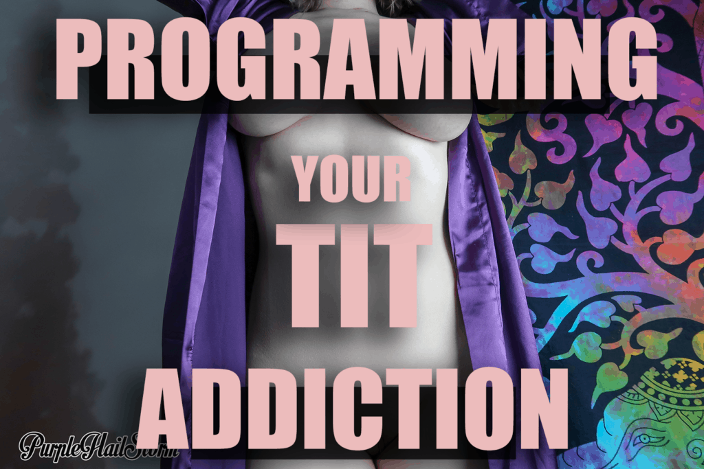 Sara in a purple robe, with caption "Programming your tit addiction"