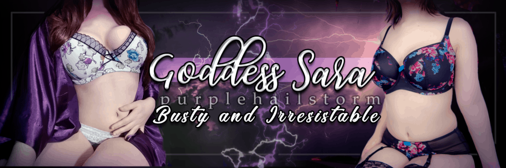 A banner of Goddess Sara that says "Busty and irresistible"