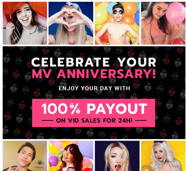 100% ManyVids payout of video sales during MV Anniversary