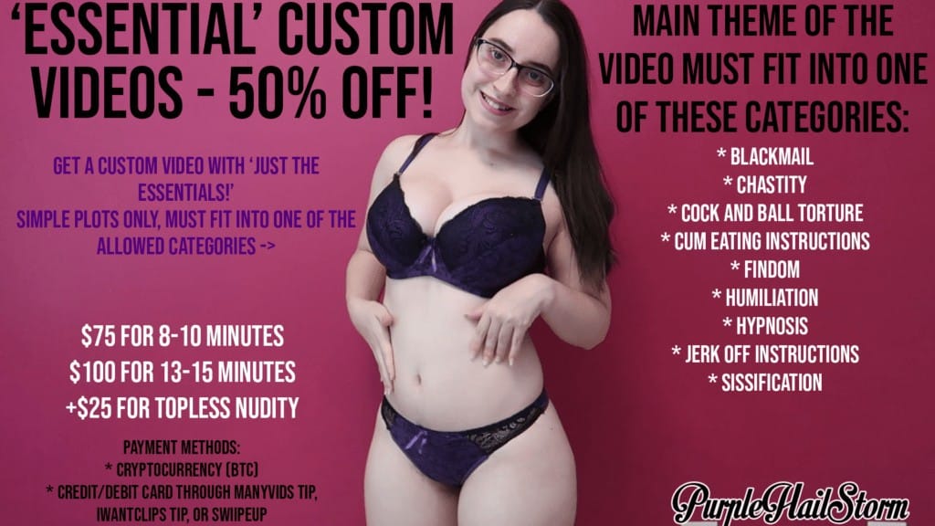 Pricing for discounted custom videos, with 50% off videos in categories such as chastity, hypnosis, and sissification.